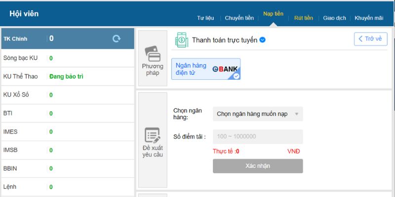 Nạp tiền Thabet qua ngân hàng